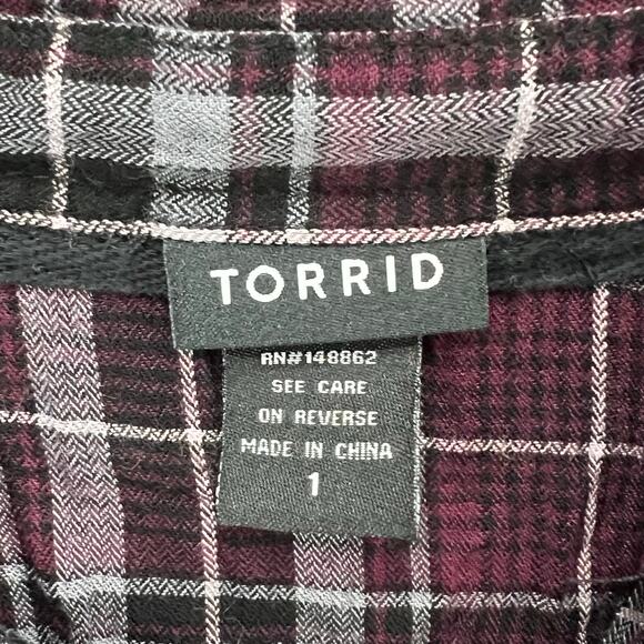 Torrid Camp Shirt Womens 1X Burgundy Gray Black Plaid Lace Button Up Soft Grunge - Picture 13 of 16